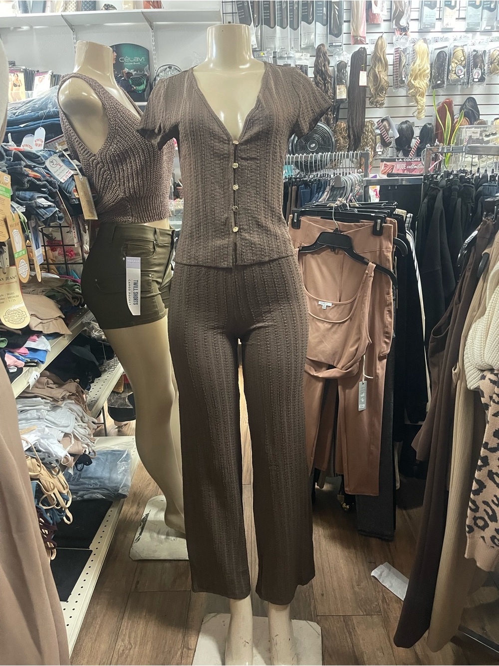 Women's Brown Knit Button-Front Top & Wide-Leg Pants Set
